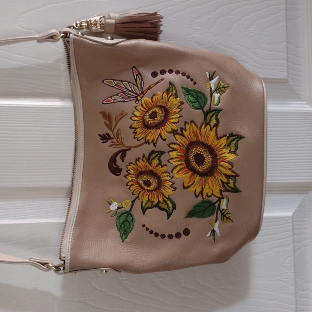 SHARIF 1827 Sunflower Embroidered Leather Crossbody Bag (b250) - Picture 2 of 13